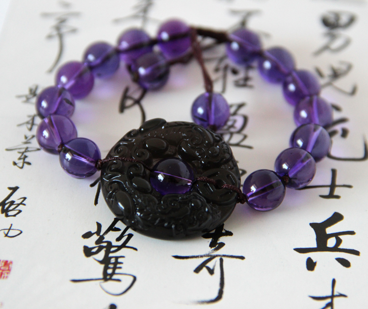 单独开光冰种黑曜石双貔貅平安扣吊坠 紫水晶貔貅手链招财保平安-第5张大图