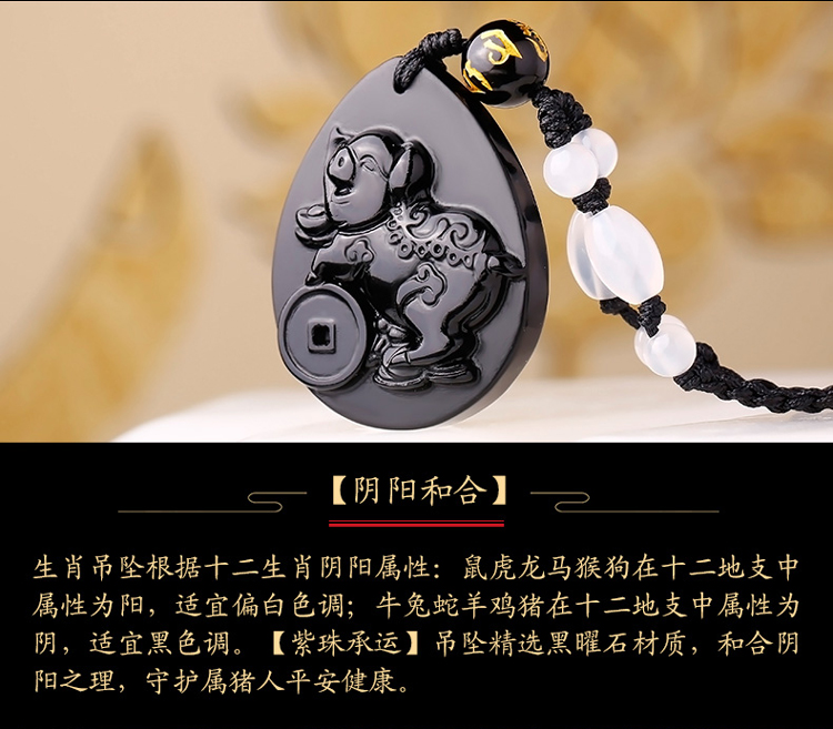 单独开光2019属猪本命年十二生肖吊坠女男黑曜石犯太岁紫珠承运-第1张大图